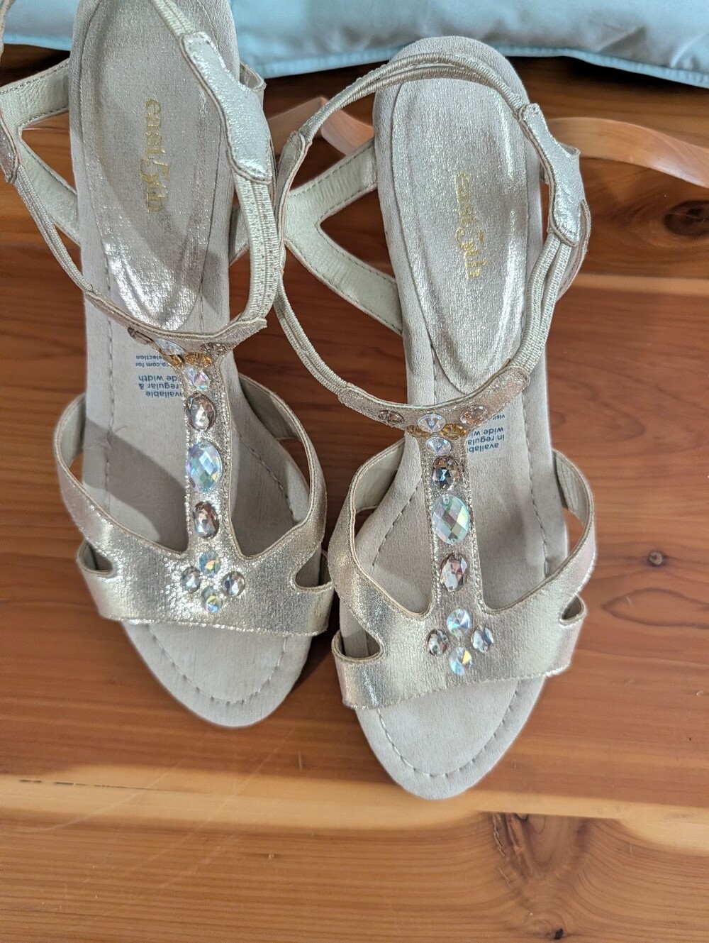 East 5th Gold T-Strap Dress Heels with Crystal Accents
